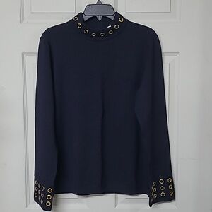 Tory Burch Merino Wool Sweater Gold-tone Grommets Navy Blue Size XL